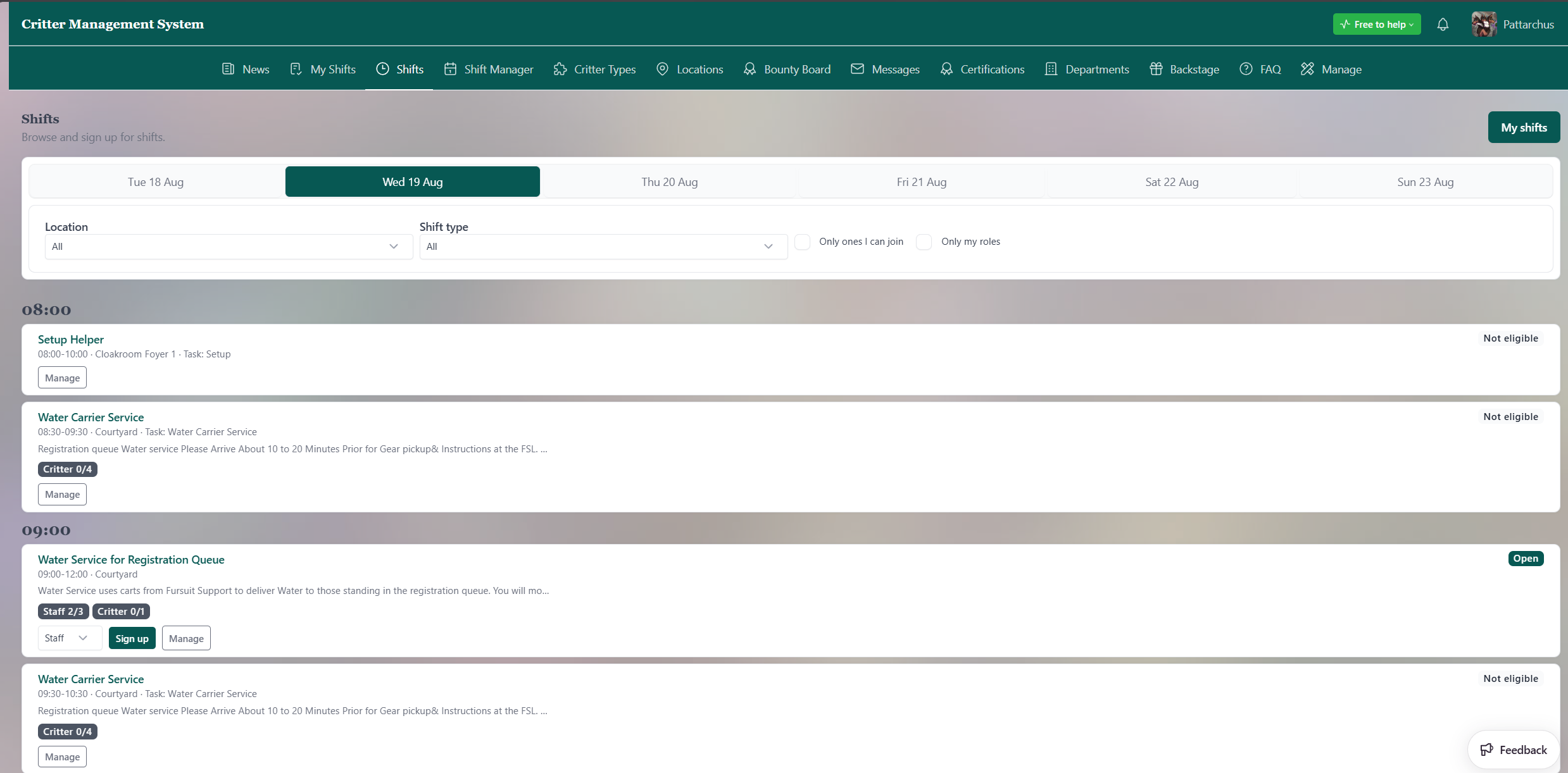 Screenshot of the Critter System Login
